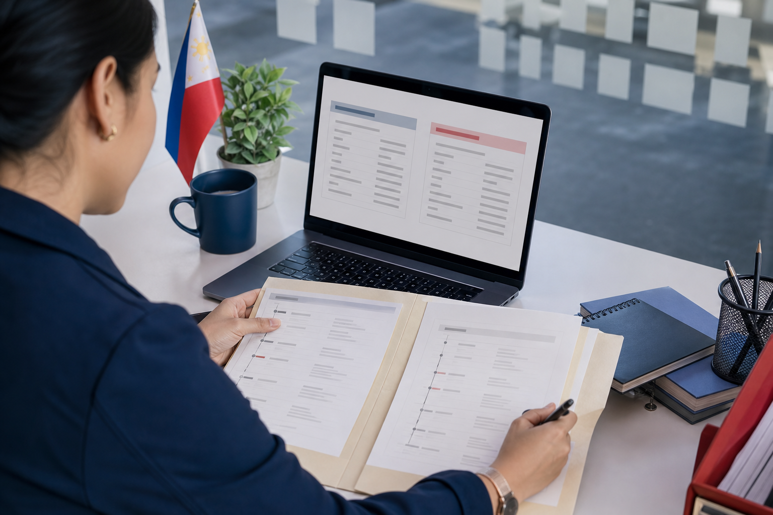 Quality reviewer examining a sample of support records