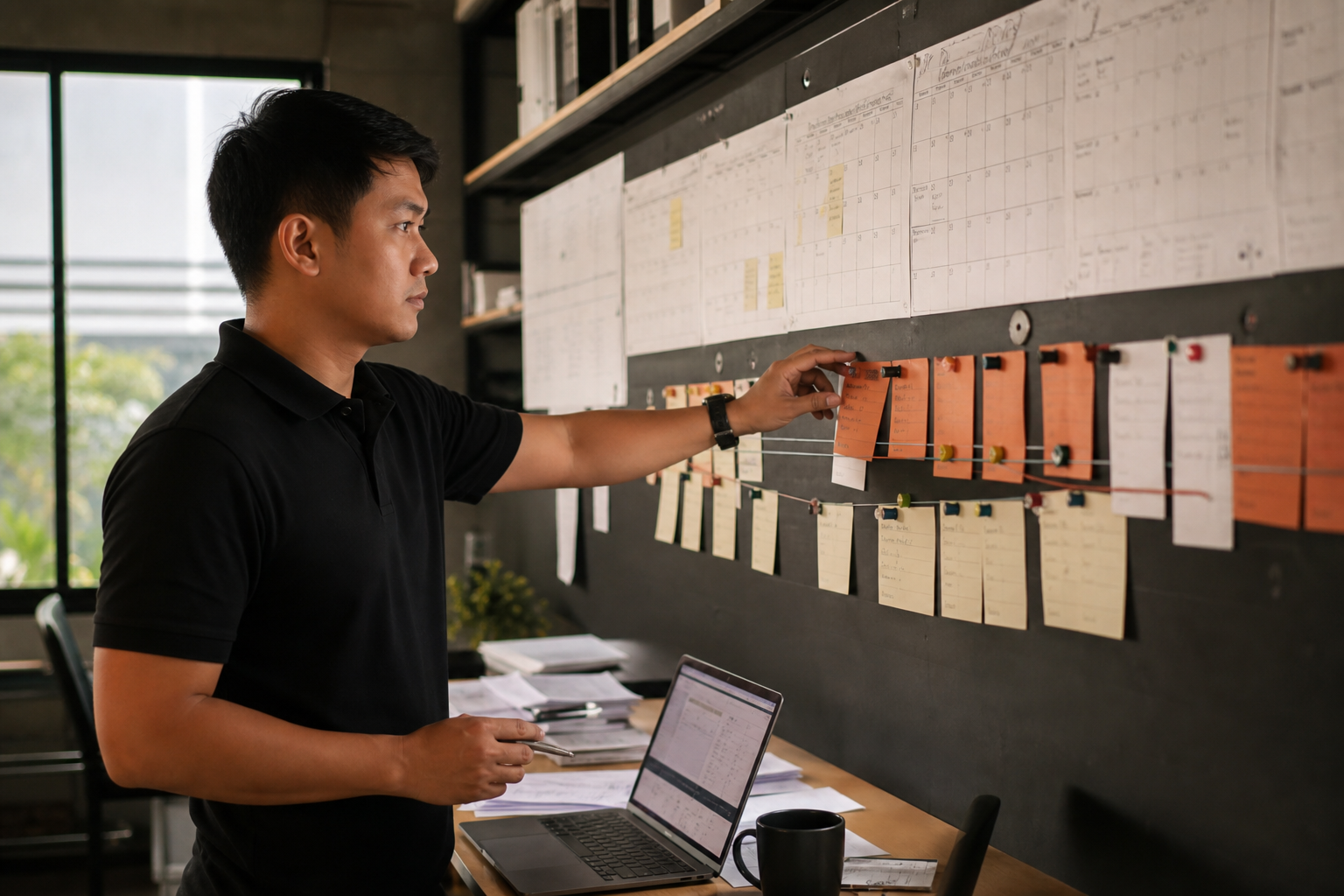 Project coordinator reconstructing a dated delivery timeline